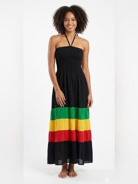 Handmade Black Rasta-Themed Smocked Maxi Dress One-Size Fits Most